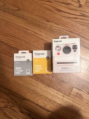 Polaroid Now Instant Camera in White with Rainbow Stripe and Red Button